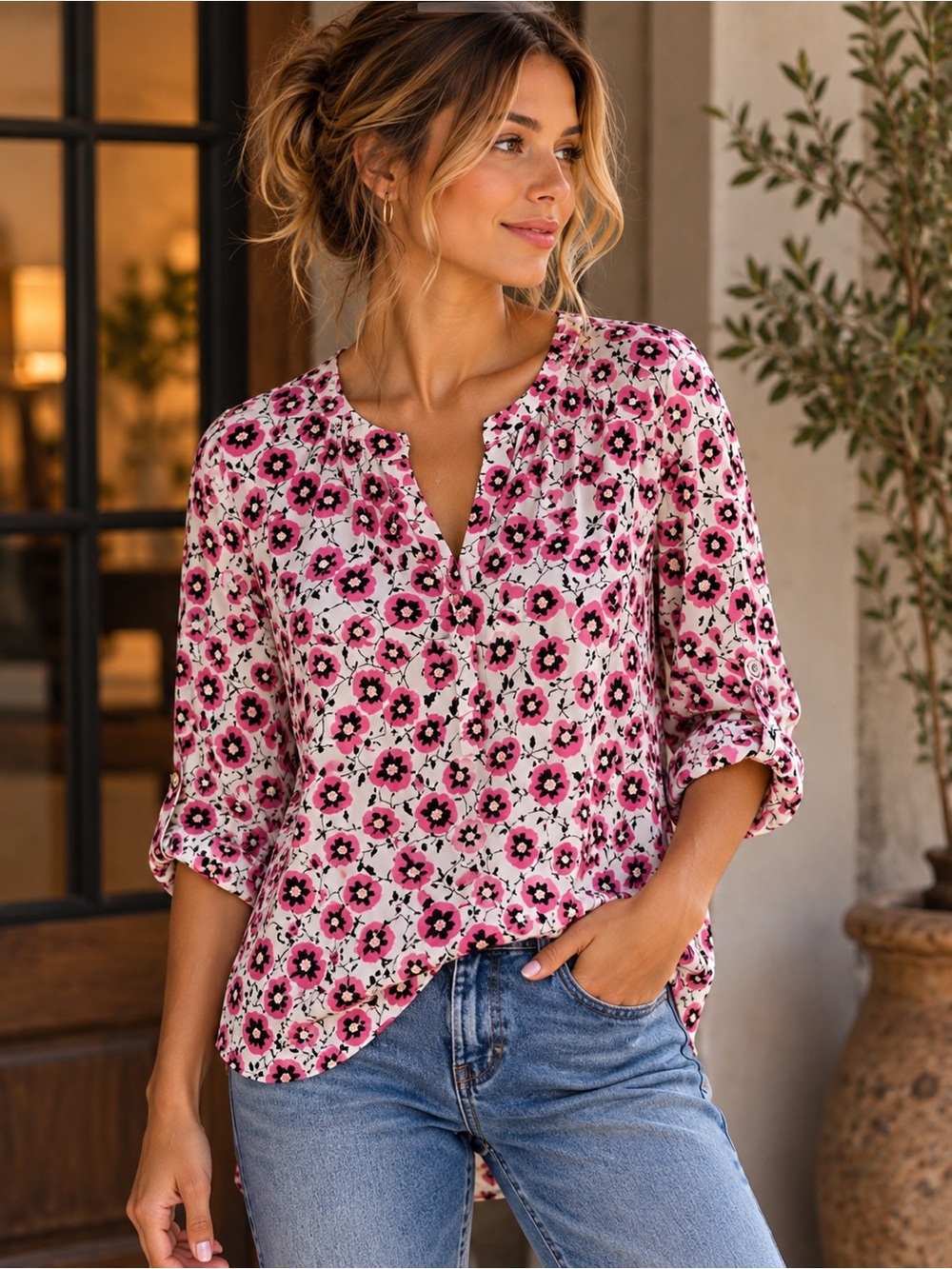 Lush Pink Floral Blouse Small Split Neck Roll Tab Sleeve Boho Top